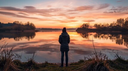 Fototapeta premium A solitary figure enjoys a tranquil sunset by the lakeshore, surrounded by nature