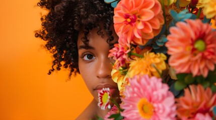 Naklejka premium Portrait of a woman with natural hair framed by vivid flowers on an orange background