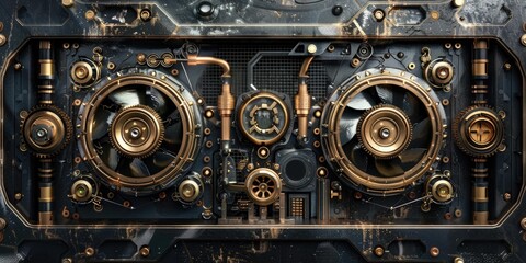 Steampunk machine with gold gears and pipes.