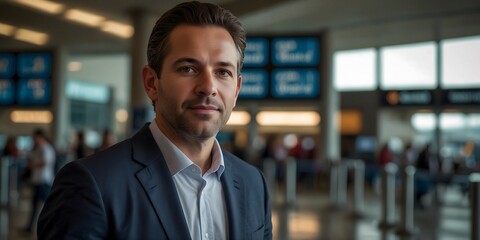 Fototapeta premium A businessman at the airport.Flights between cities and countries.