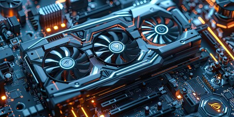 Graphics card with fans on a motherboard.