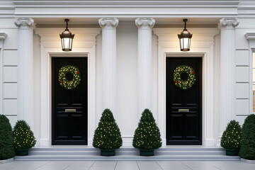 Fototapeta premium Elegant doors and windowsdecked out in Christmas holiday cheer 