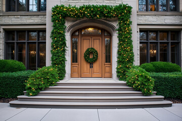 Elegant doors and windowsdecked out in Christmas holiday cheer 