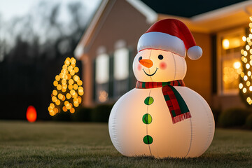 Inflatable Christmas decor adding vibrant hues to a beautifully lit yard 