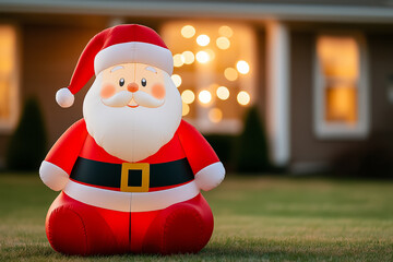 Obraz premium Inflatable Santa Claus in lit yard background with empty space for text 