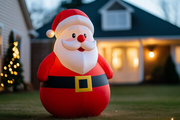 Inflatable Santa Claus in lit yard background with empty space for text 