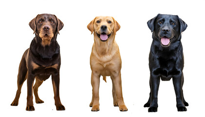 Fototapeta premium Collection of three happy standing labrador retriever dogs in different colours, yellow_1(49)