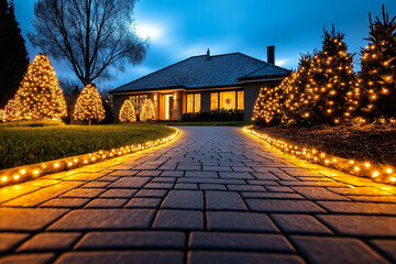 Magical pathway leading to a house radiant with Christmas lights 