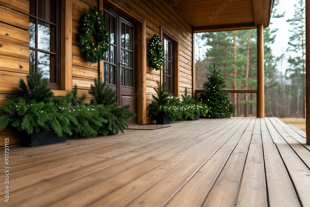 Sticker Rustic porch adorned with charming Christmas decorations background with empty space for text 