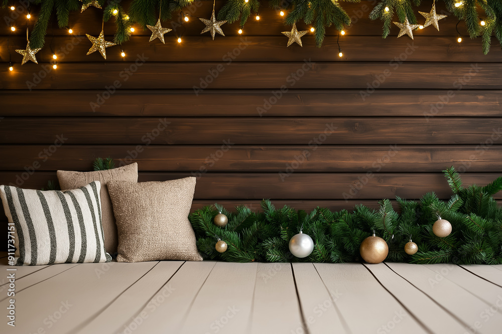 Sticker Rustic porch adorned with charming Christmas decorations background with empty space for text 