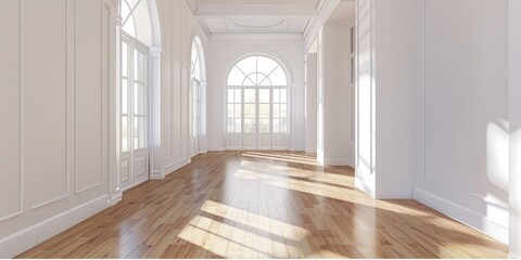 Obraz premium Well lit hallway with white walls and wooden flooring illuminated by natural light from windows
