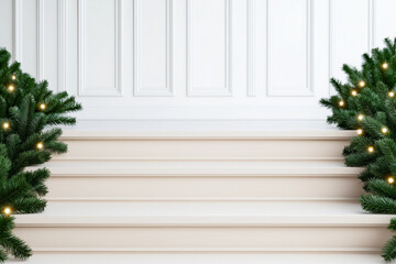 Fototapeta premium Striking indoor Christmas staircase decorations and lights background with empty space for text 