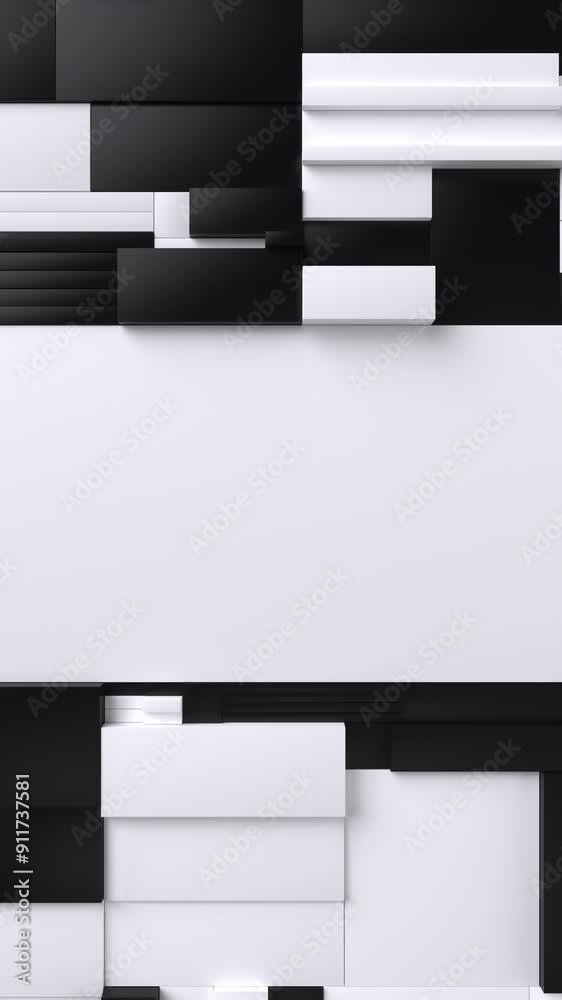 Aufkleber Black and white moving tessellated rectangular surface. Abstract background with wobbling scaling fragmented tiles. 3D Motion design pattern with loop animation and place for text. Vertical video