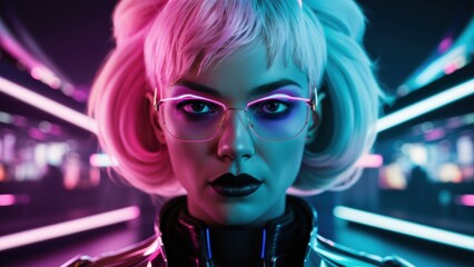 A woman with glasses and a pink wig in front of neon lights, AI