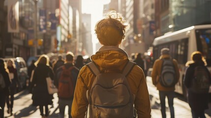 Obraz premium A young adult walks through a bustling city street filled with pedestrians in the late afternoon