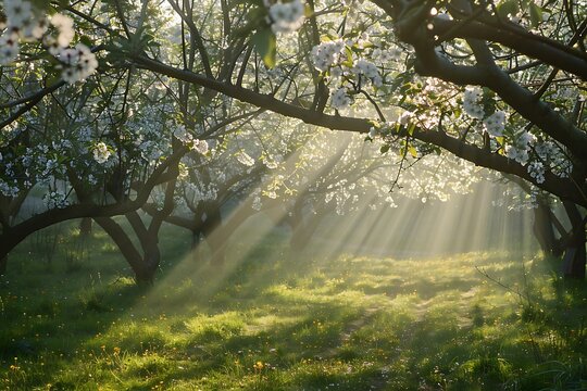A peaceful orchard in spring, soft light rays filtering through blossoming branches, casting gentle shadows on the ground, creating a tranquil and picturesque scene