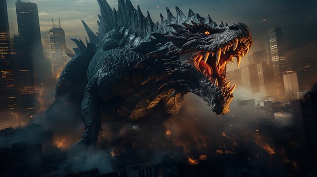 Gigantic kaiju monster destroying a city