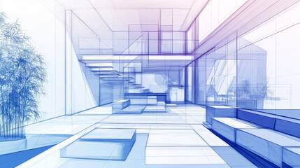 Obraz premium Abstract geometric architectural background. Modern building interior design, urban city structure blueprint. 