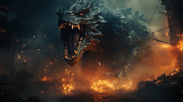 Gigantic kaiju monster destroying a city
