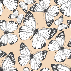 Seamless pattern of black and white butterfly. Hand drawn illustration vector. Painted butterflies elements on beige background. Animal motif abstract. For fabric, textile, design, banner, wrapping 