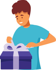 Young man is carefully unwrapping a large purple gift box with a big smile on his face