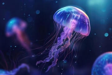 ethereal underwater scene with bioluminescent jellyfish floating gracefully through dark depths illuminating the surrounding water with soft ethereal blue and purple hues