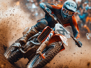 Dynamic Motocross Rider in Action on Muddy Off-Road Track