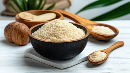 Traditional North African food Couscous. The image shows a wooden bowl filled with fluffy, small round grains of couscous, with a wooden spoon and other small wooden dishes containing couscous.