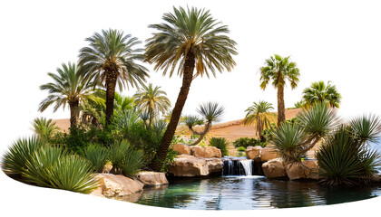  Desert oasis with palm trees, plants, a pond and a small waterfall, isolated on a transpare_1(78)