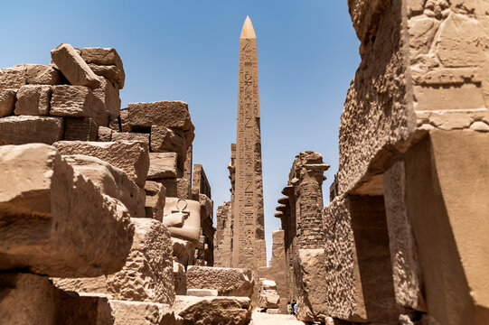 Obelisk among ruins at Karnak Temple, travelling Egypt