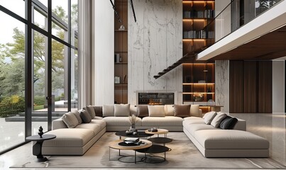 Large luxury modern bright interiors Living room mockup