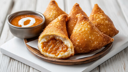 Traditional Brazilian food Pastel. Deep-fried pastries with creamy, orange filling, served with a dipping sauce.