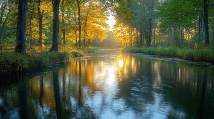 Obraz premium A peaceful river with a reflection of trees,