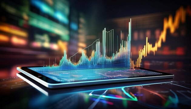 A digital computer table with holographic graphs and charts projecting from the screen; IT and technology; bar graphs and candle graphs; blurred background; 3D art - Powered by Adobe