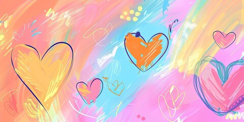 Fototapeta premium Abstract painting with colorful hearts.