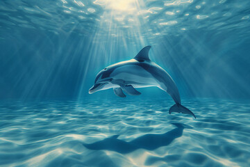 Obraz premium Dolphin's Dance in Heavenly Light: A majestic dolphin glides through sunlit waters, its silhouette dancing on the ocean floor, in this captivating portrait of marine grace.
