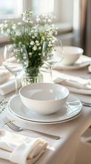 A close-up of an exquisitely set table with white porcelain plates and gold-rimmed glassware. The gold flatware adds a touch of opulence and refinement.