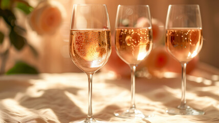 A celebratory scene featuring three glasses of sparkling ros&eacute;. Play of sunlight in glasses of wine.