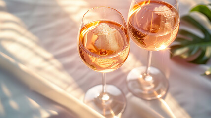 A celebratory scene featuring three glasses of sparkling rosé. Play of sunlight in glasses of wine.