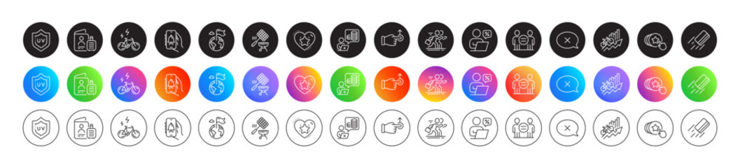 Bell alert, Online discounts and Uv protection line icons. Round icon gradient buttons. Pack of Drag drop, Destination flag, Grill basket icon. Ranking star, Reject, Training results pictogram. Vector
