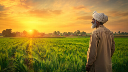 Elderly Punjabi Farmer Watching Sunset in Lush Green Field, Tranquil Scene