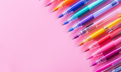 Multicolored felt tip pens on pink background for back to school flat lay with empty space