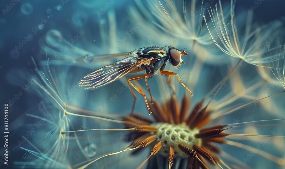 Wall mural hoverfly on a dandelion: tiny insect with iridescent wings