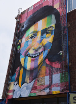 Amsterdam, the Netherlands. July 28, 2024. A mural of Anne Frank at the NDSM-werf in Amsterdam.