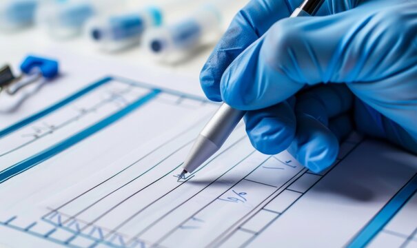 Gloved hand checking off a checklist in a laboratory representing quality control and precision in scientific research quality assurance, and laboratory work