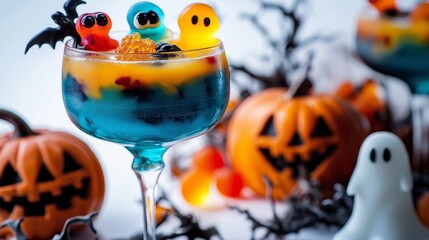 Obraz premium Blue halloween cocktail is being decorated with gummy worms and bats for a spooky celebration. Spooky cocktails and decorations are perfect for celebrating halloween