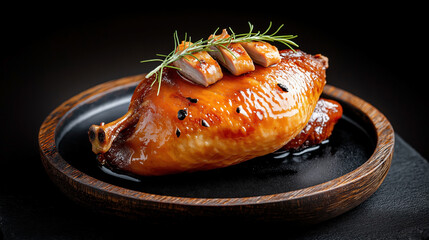 Traditional Japanese food Teriyaki Chicken. Glazed chicken with a shiny teriyaki sauce and garnished with rosemary, served on a dark wooden plate.