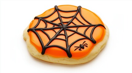Delicious halloween sugar cookie with orange frosting and black spider web design, perfect for spooky october parties. Intricately decorated on white background