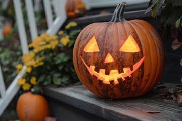 Carved pumpkin with an evil grin and illuminated from within sits on a porch step with other pumpkins, ready for halloween night