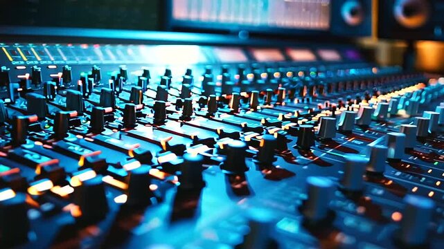 The sleek, polished surface of the mixing console gleams under the soft glow of studio lights, knobs and sliders arranged like a city skyline, inviting the touch of a meticulous sound engineer